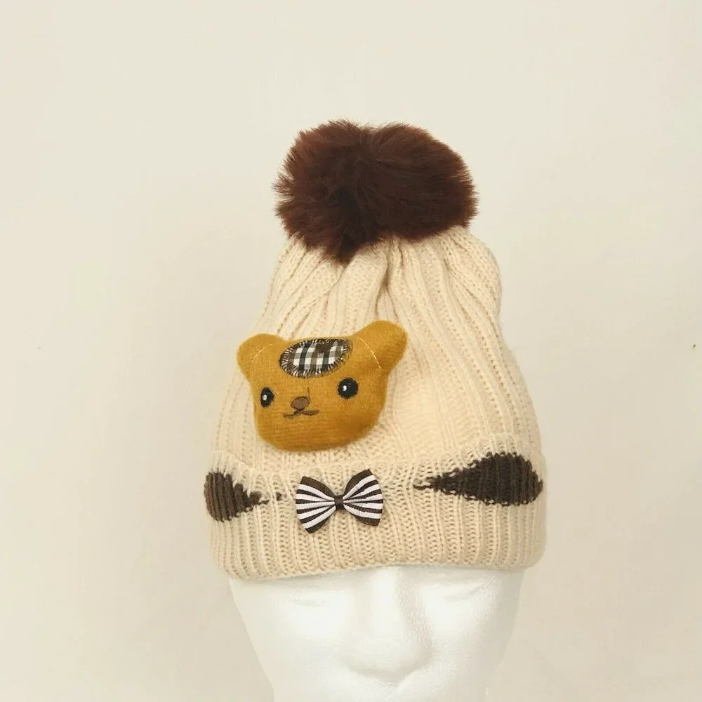Kids Knit Beanie Pom Fleece‎ Lining Plush On Front-